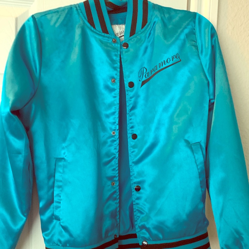 Paramore Blue Satin Varsity Style Jacket NWOT S